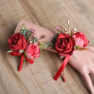 Weinrot Hochzeit Ansteckblume Seidenrose Boutonniere Handgelenk Blume Set Für Bräutigam Brautjungfer Party Zubehör