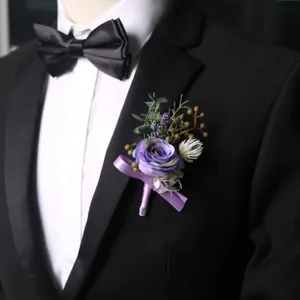 Elegant purple artificial flower wedding boutonniere for groom and groomsmen suit lapel decor.