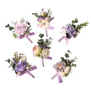 Purple artificial wedding boutonnieres set, elegant groom best man corsage flowers