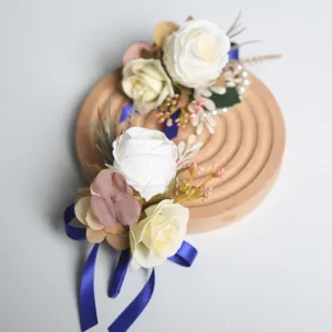 European style artificial rose wedding boutonniere and wrist flower set with blue ribbons