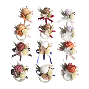 Wedding artificial rose corsage and wrist flower set for bridal party ceremony decor