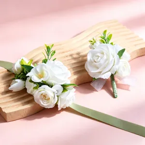 Mariage Artificiel Rose Blanche Boutonnière Fleur De Poignet Ensemble Style Forêt Mariée Marié Corsage Floral Décoration De Fête