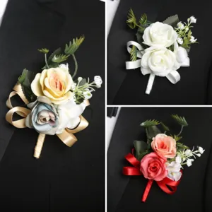 Artificial Rose Wrist Flower And Boutonniere Set Wedding Bridesmaid Wrist Corsage Groom Boutonniere Party Decor
