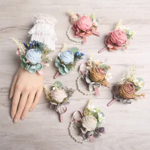 European Style Artificial Rose Flower Wedding Boutonniere And Wrist Corsage Silk Flower Bride Groom Party Decor