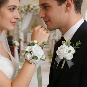 Ensemble corsage rose blanche artificielle mariage marié mariée accessoire floral