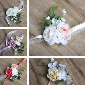 Artificial rose wrist flower details, European forest style wedding bridesmaid accessory.
