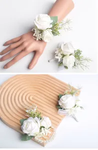 Europäische weiße Rosen Hochzeits Handkorsage und Ansteckblume Set für Braut und Bräutigam.
