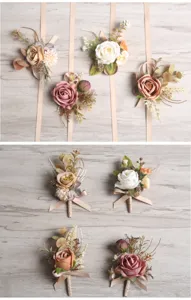 Korean style artificial rose wrist flower boutonniere set for wedding bride bridesmaid groom decor.
