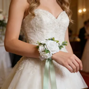 Élégante corsage de poignet de rose blanche artificielle avec ruban vert pour mariée.