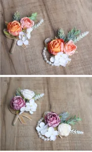 Handmade artificial rose boutonniere and wrist corsage set for wedding party and details.