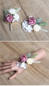 Handcrafted wedding rose corsage and wrist flower set with artificial flowers for bridal decor.