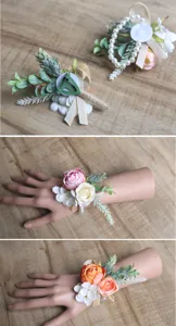 Wedding handmade artificial rose wrist corsage and boutonniere set for bridal party.