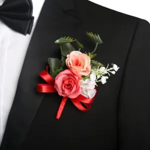 Groom wedding boutonnière artificial rose flower brooch suit pin red ribbon party decor