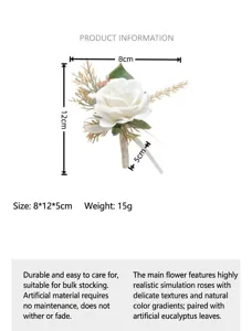 Artificial white rose boutonniere wedding groom best man suit corsage size 8x12cm