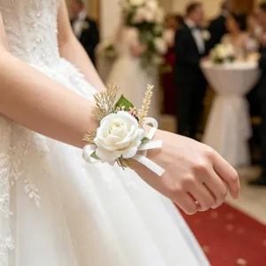 Artificial white rose wrist corsage for wedding bridesmaid and bride, elegant floral bracelet.