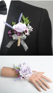 Purple artificial flower boutonniere and wrist corsage set for wedding party decor.