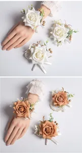 Details of artificial rose wrist flowers and corsages set, featuring pearls and ribbons for weddings.