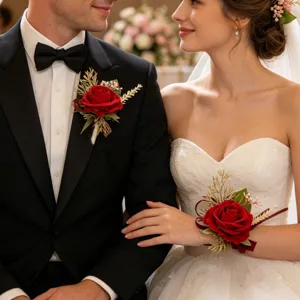 Wedding red rose boutonnière and wrist corsage set, ideal for groom and groomsmen suits.