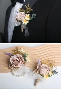 Close-up detail of wedding artificial rose boutonniere and elegant wrist flower set.