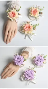 Artificial rose wrist corsage set for wedding party bridal prom floral accessories and decor
