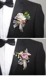 Artificial purple rose flower boutonniere for wedding suit groom lapel pin decoration detail.