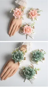 Artificial rose wrist corsage set, wedding party floral decoration details view.