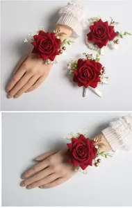 Red rose wrist flower corsage set for wedding party bridal prom decorative floral accessories