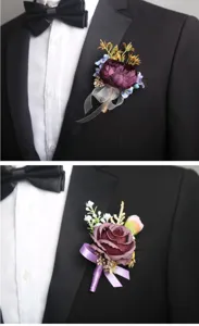 Close-up detail of purple artificial flower boutonniere for wedding suit groom and guests.