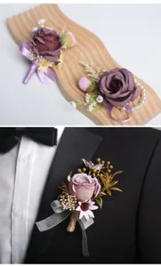 Purple artificial rose boutonniere wedding corsage set with wooden tray display groom suit decor
