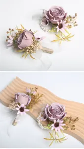 Artificial purple rose corsage and wrist flower set for wedding and celebration events.