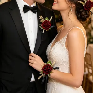 Detail view of the red rose boutonniere and corsage with gold leaves for wedding groom suit.