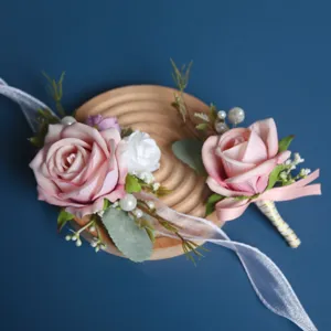 Ensemble de corsage et fleur de poignet en rose artificielle pour mariage fête élégant
