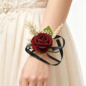 Bridal wrist corsage with red artificial rose black ribbon wedding flower accessory