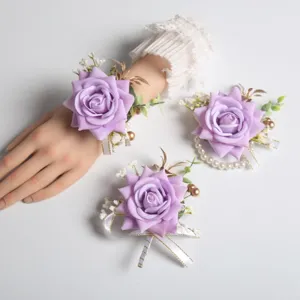 Elegant purple artificial rose wrist flower and corsage set for wedding party bridal decoration