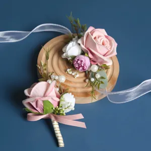 Ensemble de boutonnière et fleur de poignet en rose artificielle pour mariage et fête