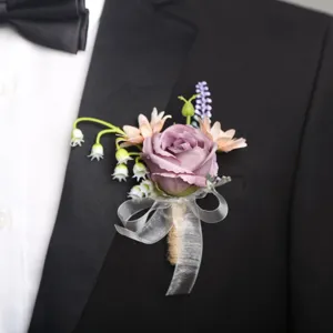 Purple Artificial Rose Boutonniere Wedding Groom Corsage Suit Floral Decoration