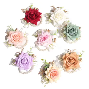 Artificial rose wrist flower corsage set with pearl bracelet for wedding party decorations