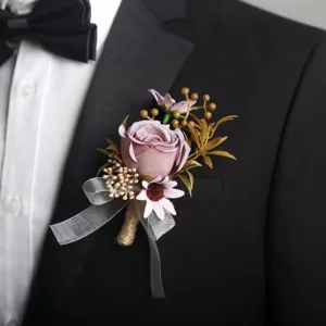 Elegant purple artificial rose boutonniere for wedding suit, groom and groomsmen chest flower decor.