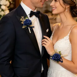 Navy blue artificial rose boutonniere and wrist corsage wedding accessory set for groom and guests.