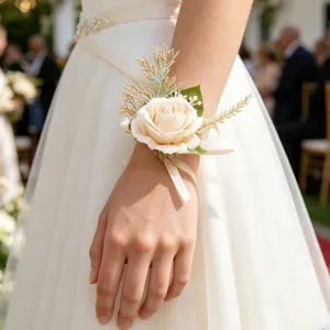 Elegant artificial rose wrist corsage with ribbons and greenery, perfect for weddings and bridal parties.