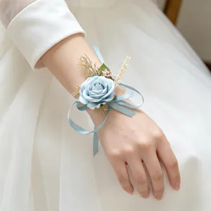 Blue artificial rose wrist corsage wedding bridal bridesmaid floral bracelet accessory