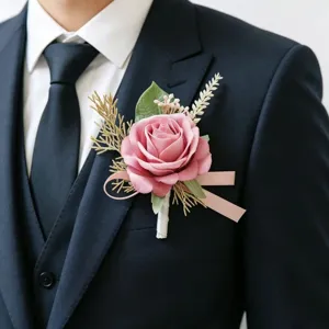 Elegant artificial pink rose boutonniere for wedding suit groom and best man accessories.