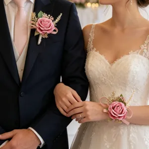 Detailed close-up view of the pink artificial rose wedding boutonniere and matching wrist corsage.