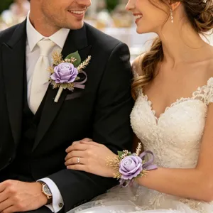Purple artificial rose boutonniere and wrist corsage set for wedding suit detail