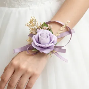 Artificial purple rose wrist flower for wedding bridal bridesmaid wrist corsage decor.