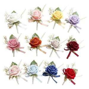 Artificial Rose Boutonniere Wedding Groom Best Man Corsage Suit Flower Decoration Set
