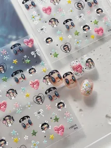 Pegatinas de uñas de muñeca de ojos grandes de dibujos animados lazo flor relieve 3D decals