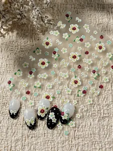 Pegatinas de uñas florales 3D de verano frescas con mariquitas y lazos para manicure.