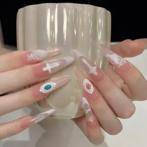 Long lace cross press on nails elegant retro French style false nail stickers for DIY art