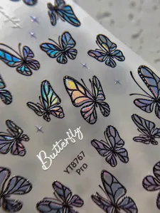 Holographic butterfly nail stickers with 3D embossed stars, sparkling gel nail art decors.